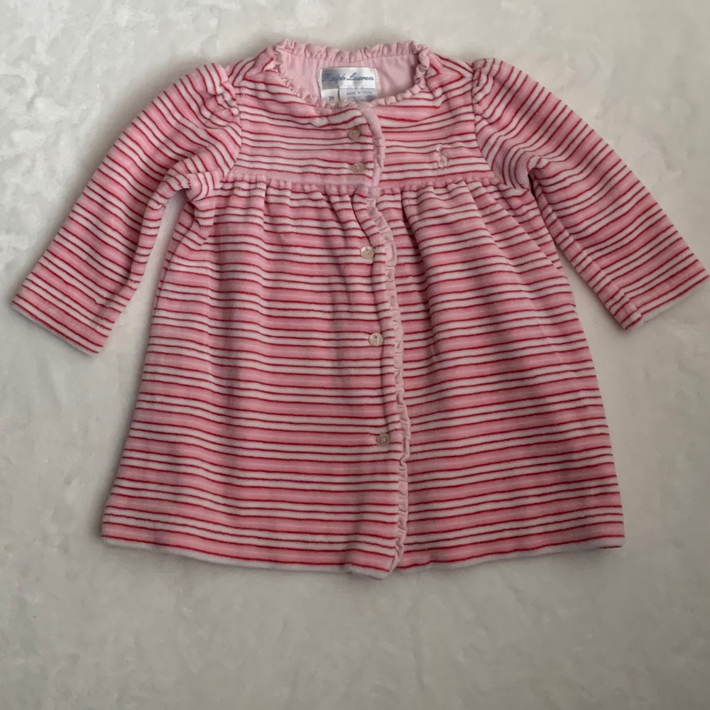 Ralph Lauren Baby Girl Pink Stripe Velour Button Front Dress 3 Months Valentine